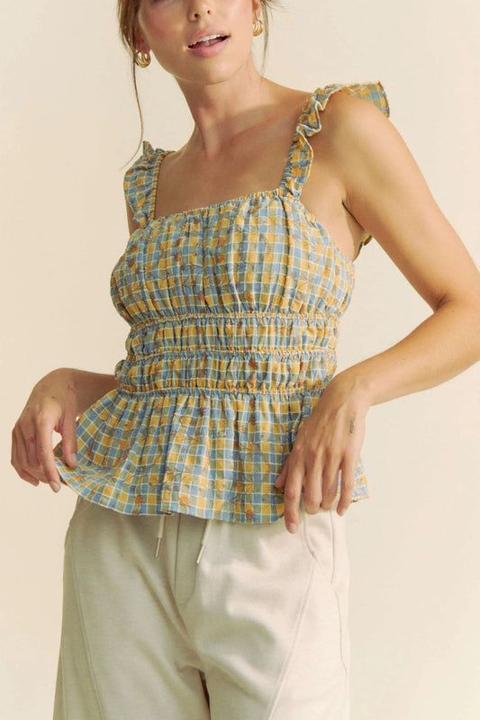 Plaid Ruffled Strap Smocked Sleeveless Top 38778b8aac2f40ba96025de18501b3d2-Max-Origin