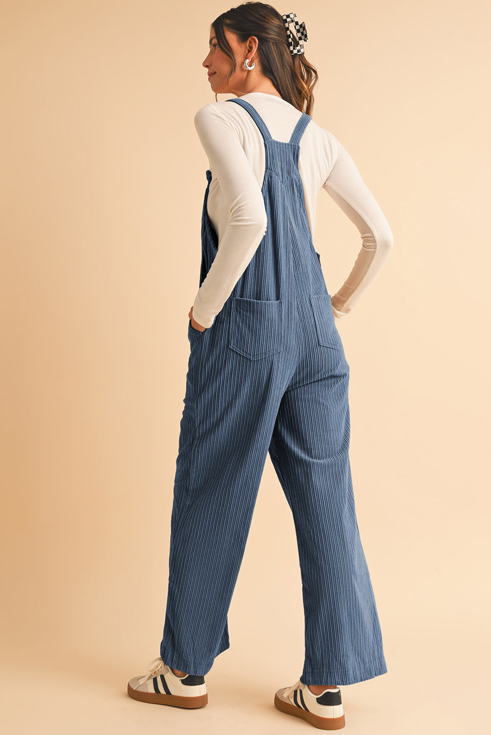 Jungle Green Plain Pocketed Loose Fit Corduroy Overalls 3878005dfa7b71b8