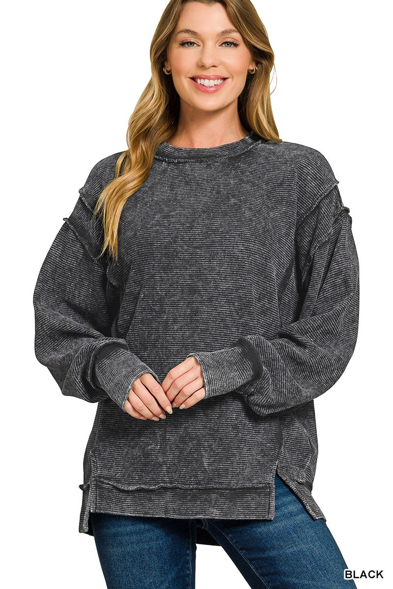 Zenana Acid Washed Double Ribbed Exposed-Seam Sweatshirt BLACK 387c8d4bef044320bedda3fc4549037f-Max