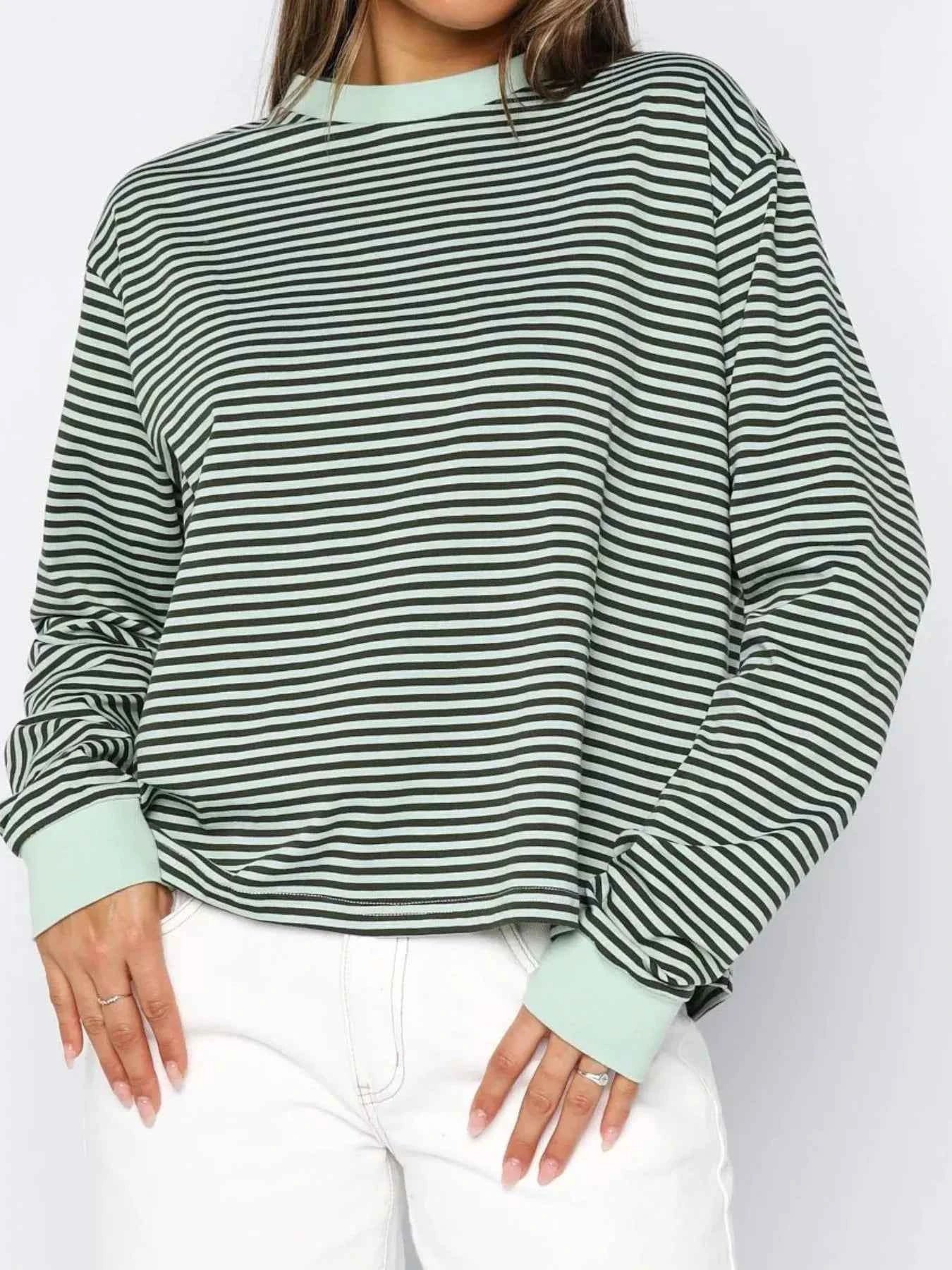 Striped Oversized Round Neck Sweatshirt Matcha Green 387e2940-b917-4b75-a8a2-d522d6476458-Max-Origin