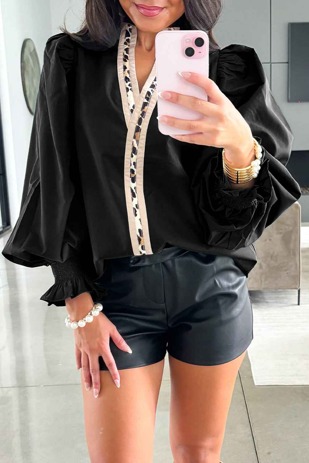 Black Smocked Puff Sleeve Leopard Trim V Neck Blouse 3883f61cc7f2eb7a
