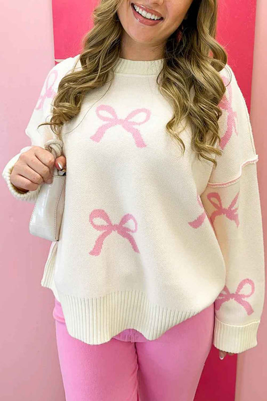 Pink Bow Print Exposed Seam Drop Sleeve Sweater Pink 52%Viscose+26%Polyester+22%Polyamide 388520e85c35ae49