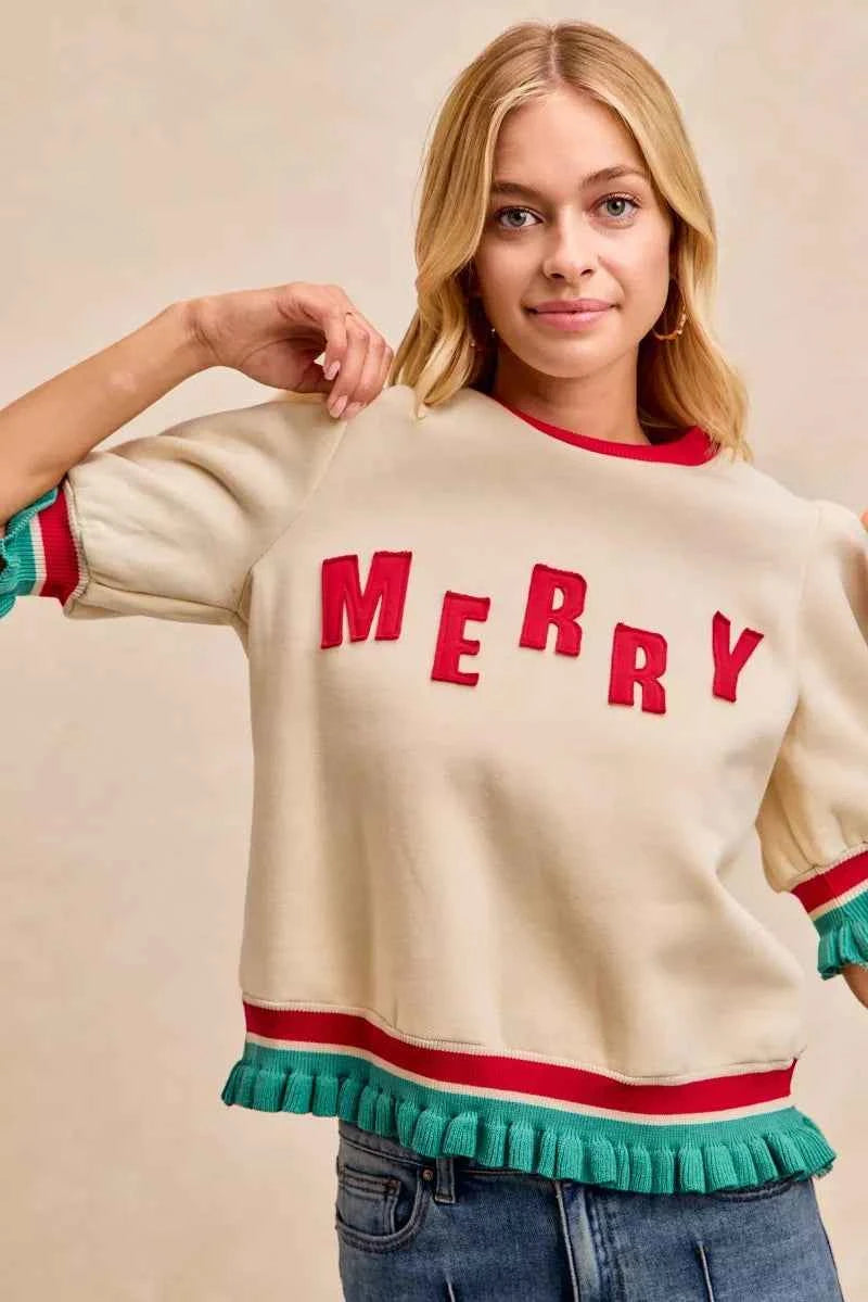 BiBi Christmas Merry Letter Patches Contrast Banded Top 38875b3ebb9e446fa05fd29700bb06f9-Max-Origin