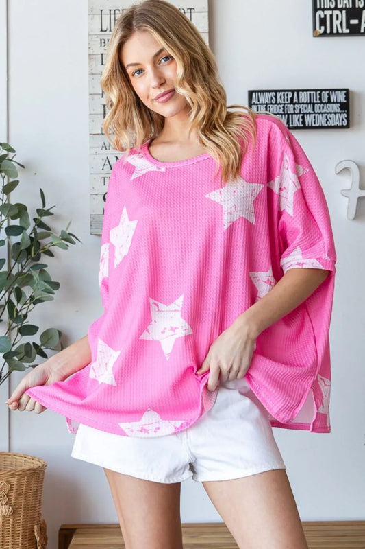 HOPELY Star Pattern Oversized Waffle T-Shirt Hot Pink 388820b6-04c9-486f-8038-941cdd047519-Max