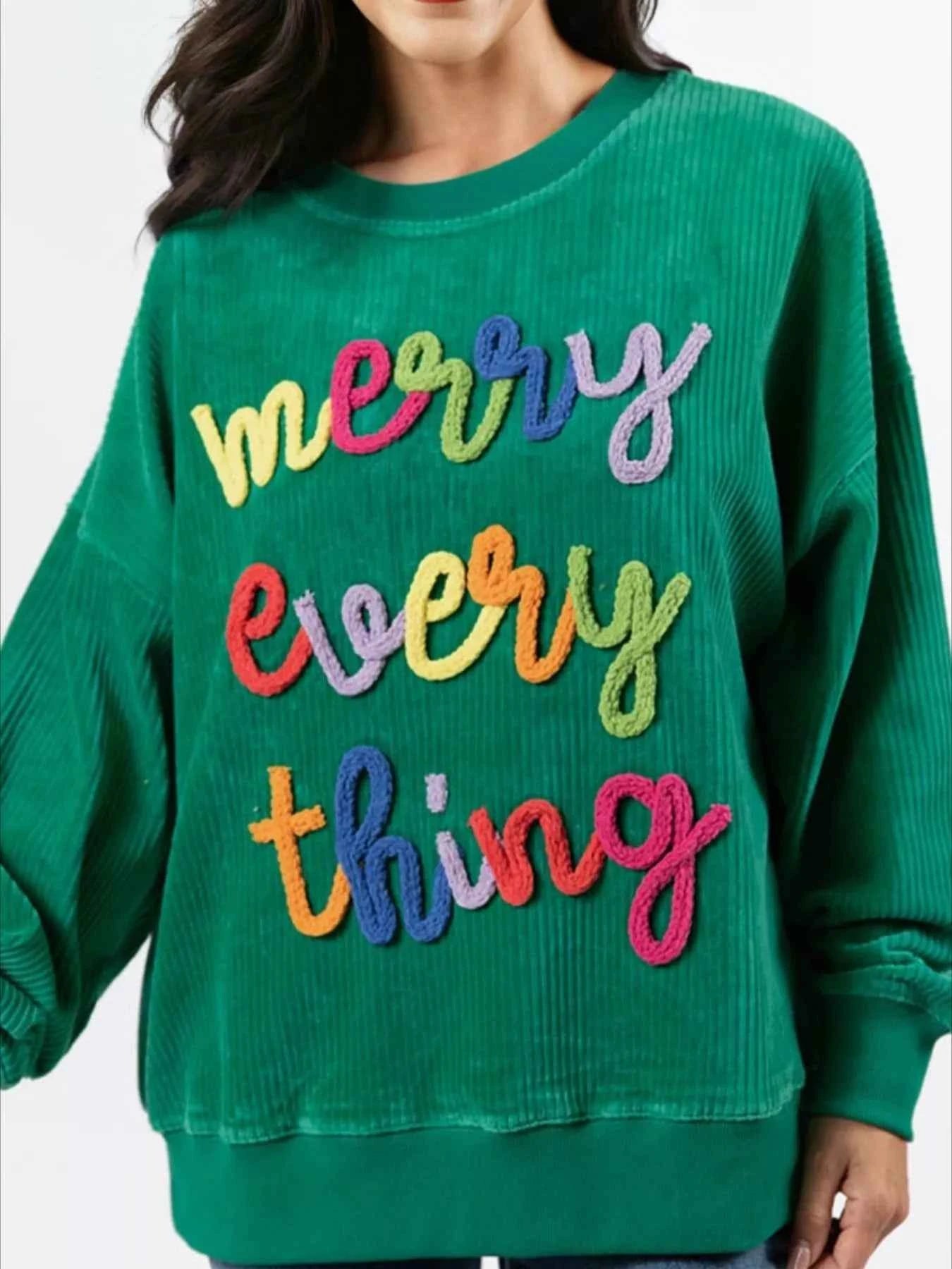 Merry Little Thing Corded Letter Graphic Ribbed Sweatshirt Dark Green 388b6be7-dd0a-4096-b483-8f66f69bda70-Max-Origin