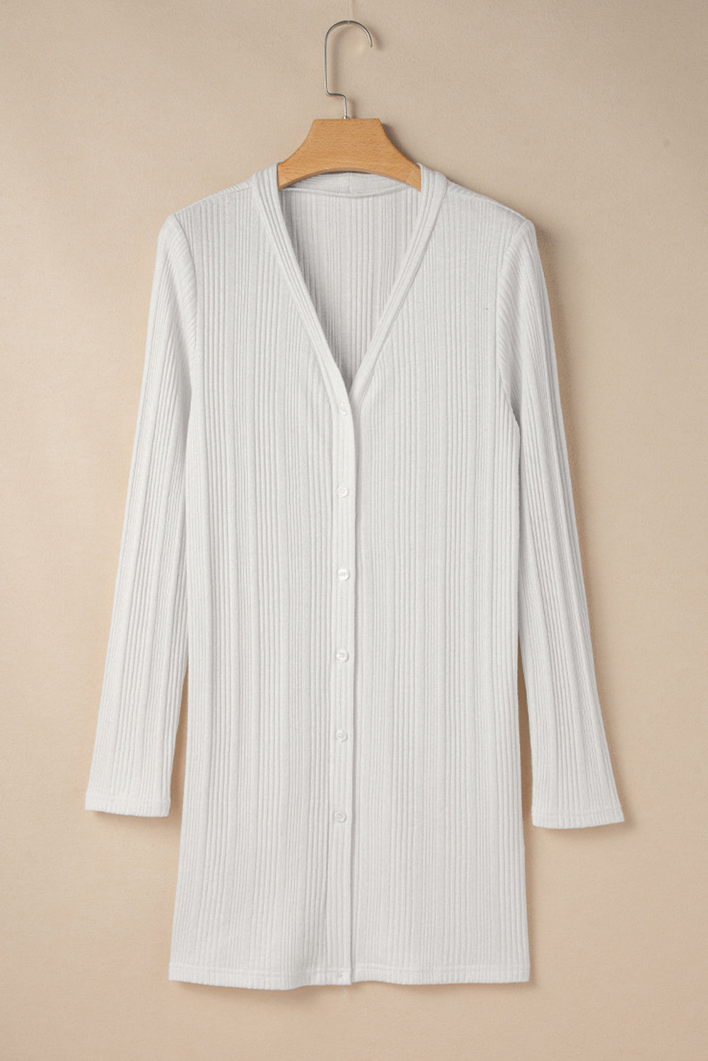 White Ribbed Plain Knit Cardigan