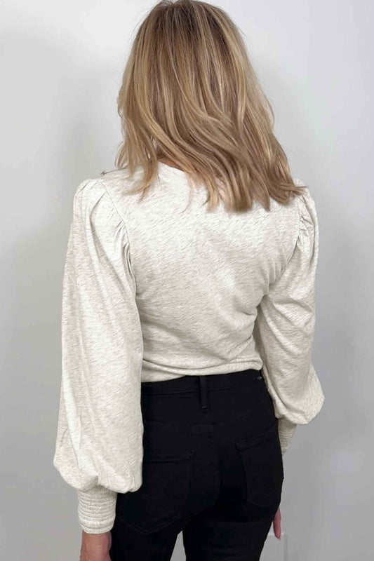 Oatmeal Shirred Cuffs Puff Sleeve Peasant Top 388d4c6251d6f1d5