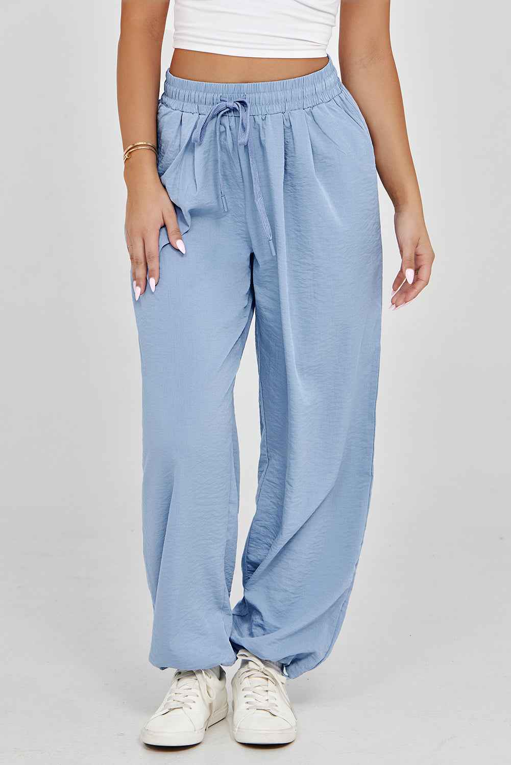 Myosotis Drawstring Elastic Waistband Pleated Loose Pants 3890840547411ca7