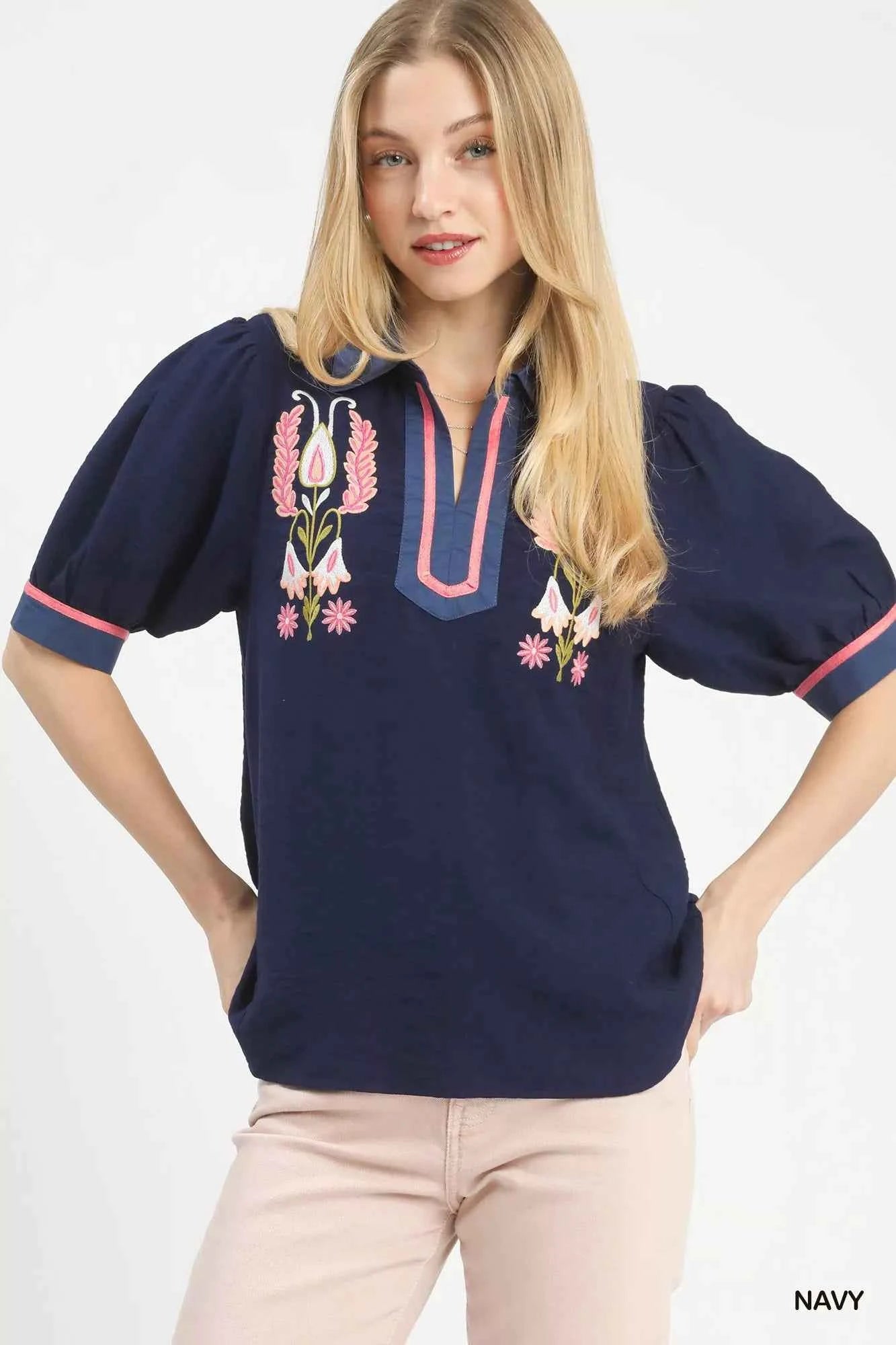 Umgee Embroidered Puff Sleeve Contrast Trim Top NAVY 3892b12e-c7e6-42e2-8dcb-3bfd699f052c-Max-Origin