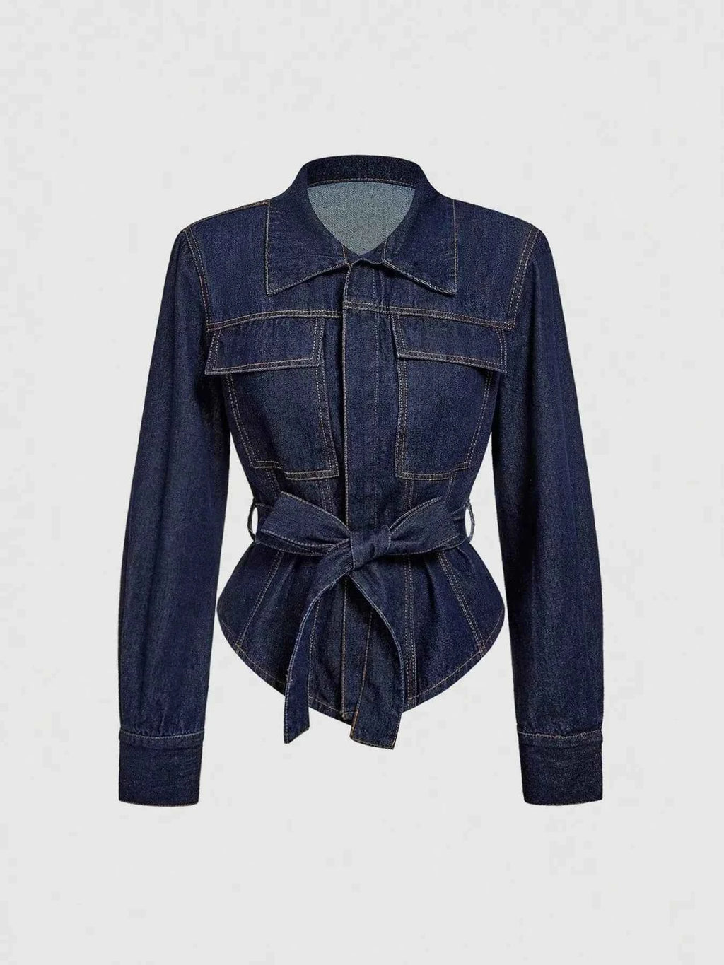 Tie Waist Long Sleeve Denim Jacket Blue 389331a9448e4b27ab80f86a7aa4dc70-Max-Origin