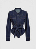 Tie Waist Long Sleeve Denim Jacket Blue 389331a9448e4b27ab80f86a7aa4dc70-Max-Origin