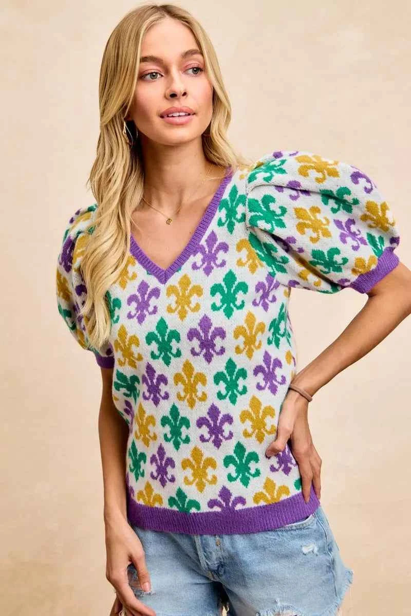 BiBi Mardi Gras Fleur De Lis Patterned V Neck Knit Top 3895aed14eb84a8eb5708c60897827ff-Max-Origin