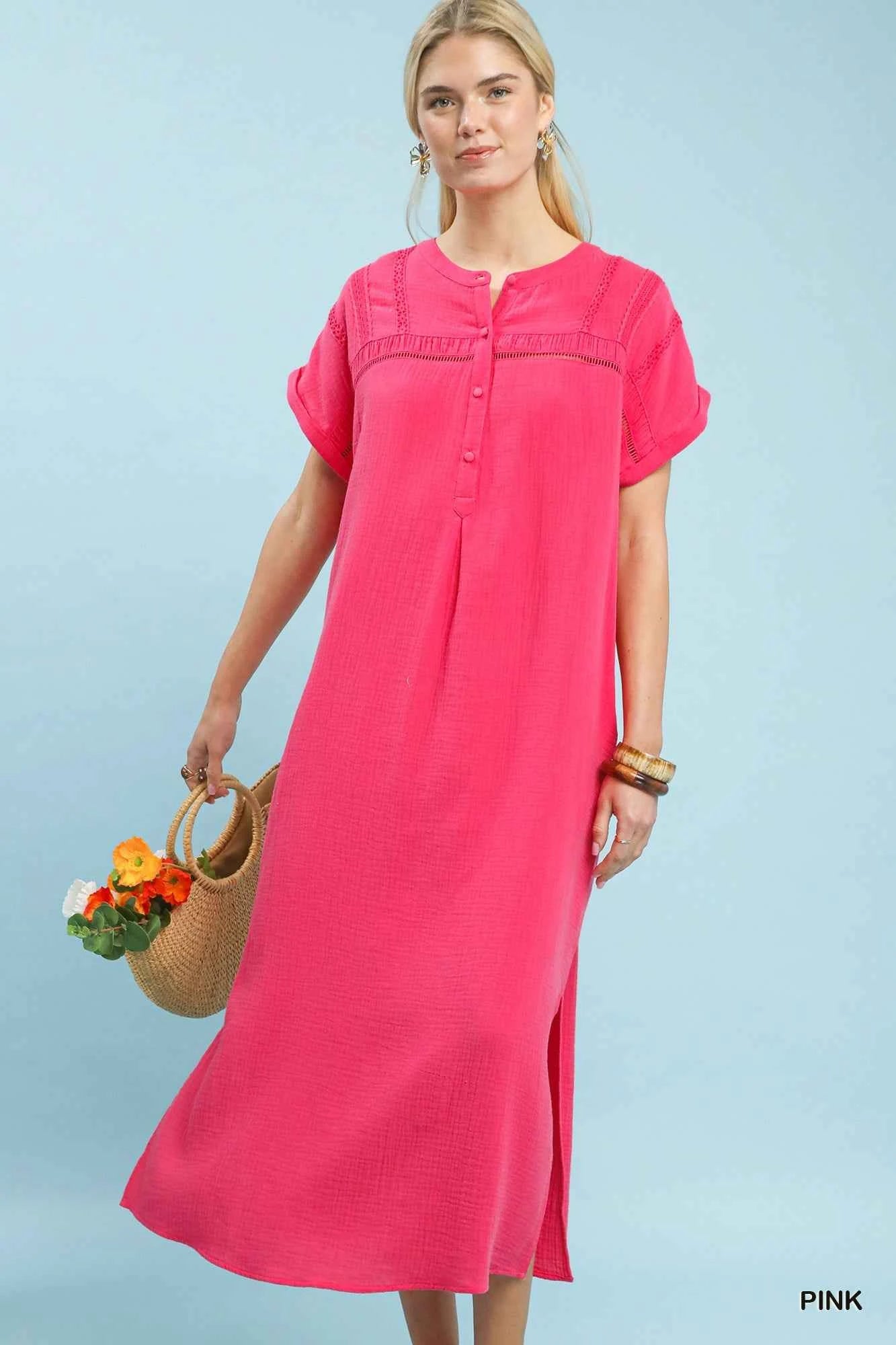 Umgee Button-Front Gauze Midi Dress with Lace Detail PINK 38988aa4-c88e-4501-b853-ef32f187f685-Max