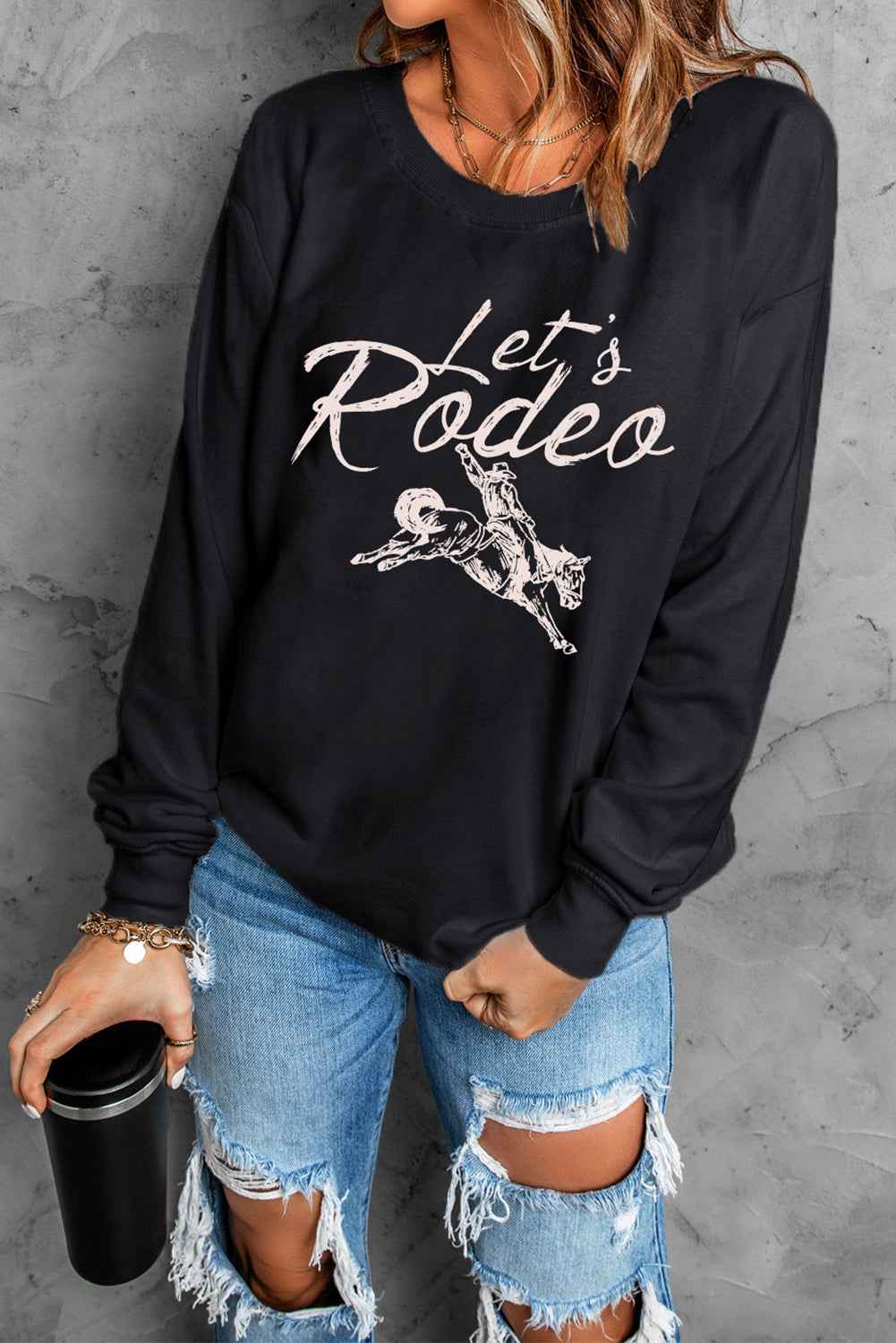 Black Lets Rodeo Western Print Pullover Sweatshirt 389b81c3c01768b6