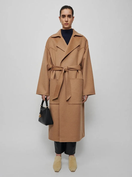 Lace-Up Spliced Double-Sided Wool Blend Coat