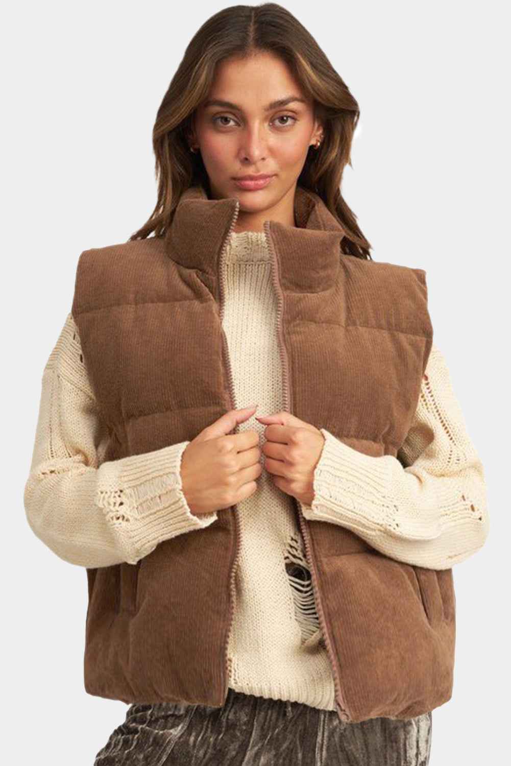 Coffee Solid Color Corduroy Puffer Vest Coat 38a009baec49def2