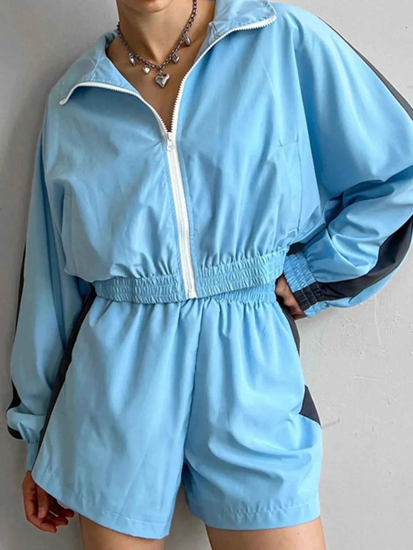 Zip Up Long Sleeve Jacket and Shorts Set Sky Blue 38aaba93-2ab7-47a3-8868-f080165ca8b2-Max-Origin