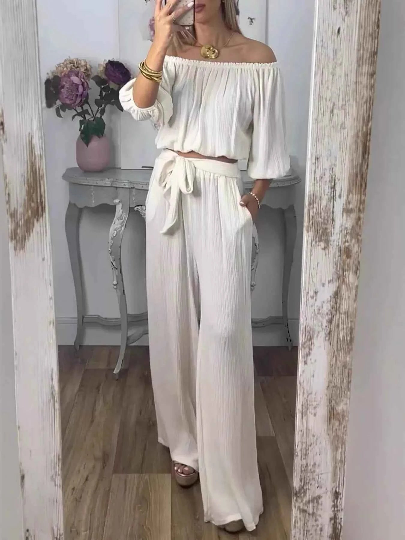 Full Size Off-Shoulder Top and Pants Set Plus Size White 38aeb93d5a5541838cd1b6fcff2af544-Max-Origin