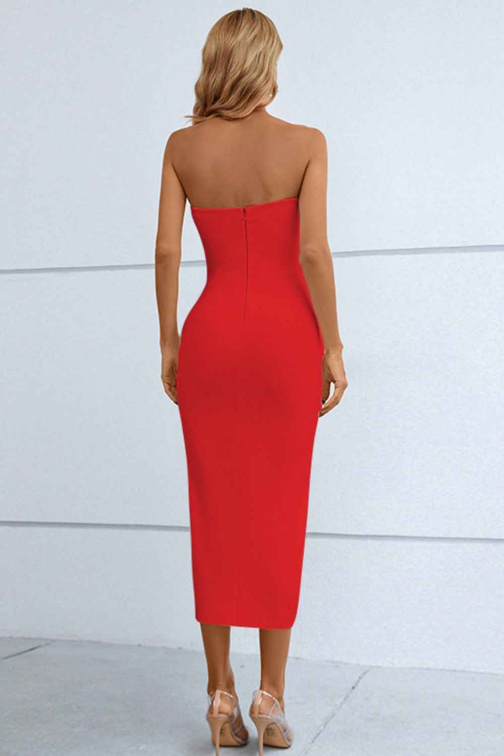 Cutout Strapless Drawstring Detail Split Bandage Dress 38b0117ae8fb465e935c5332723582a2-Max