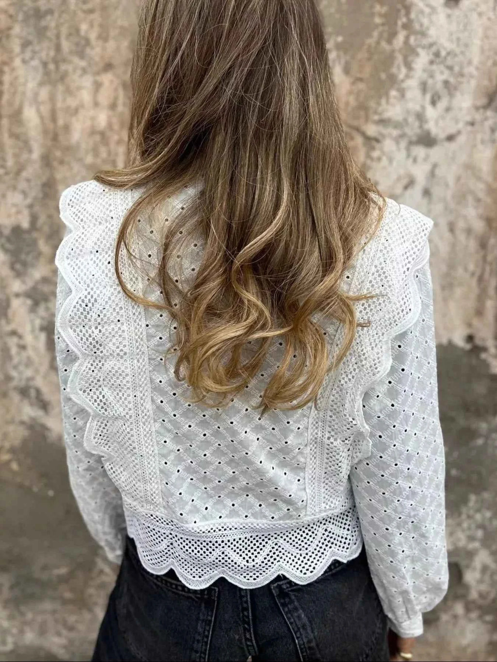 Eyelet Button-Up Shirt with Scalloped Hem 38b2a5ea-6f86-400b-883f-7786de275dc2-Max-Origin