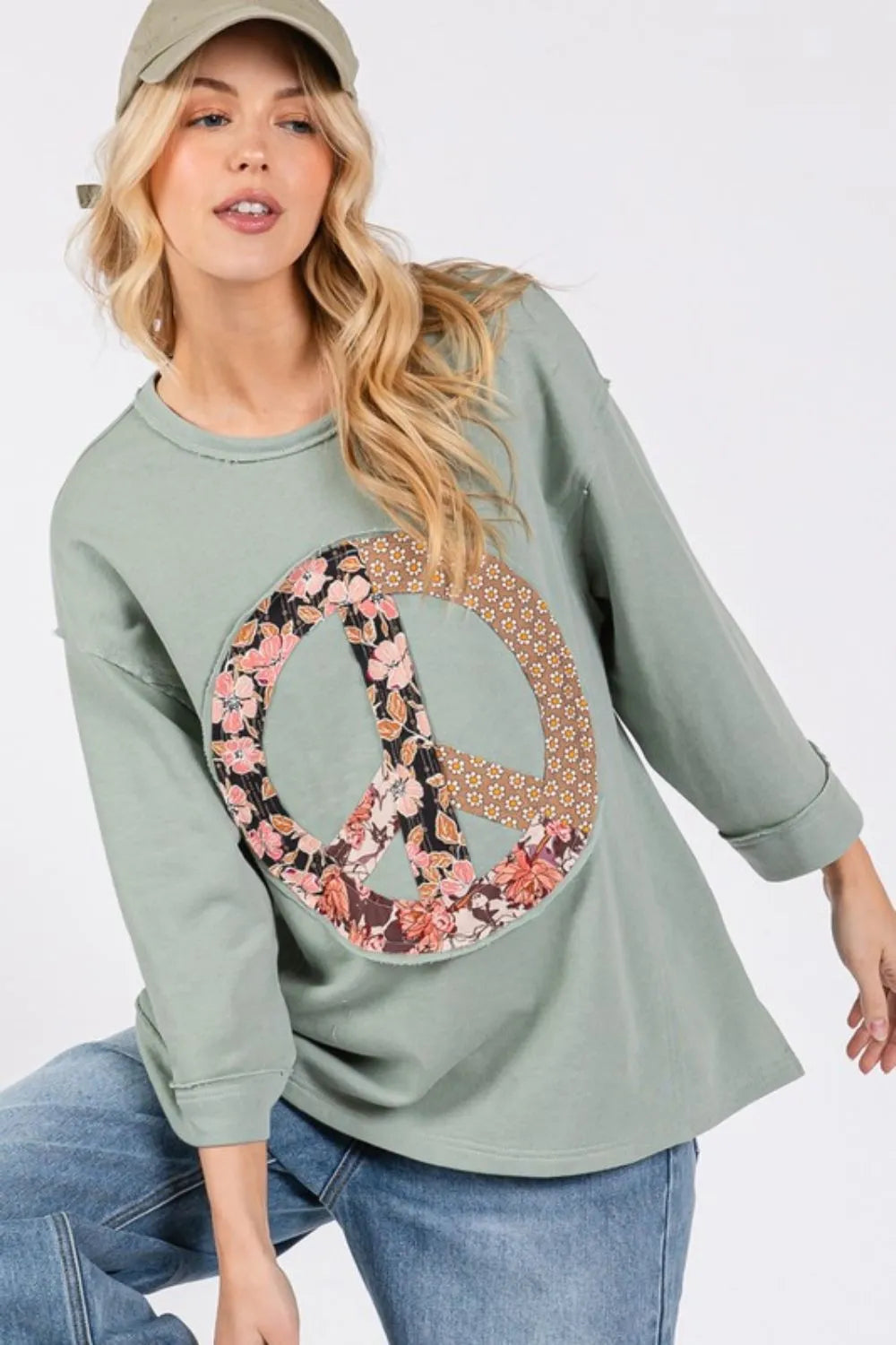 SAGE + FIG Floral Peace Patch Round Neck Top Sage 38b2ba91-fc69-403f-a152-01235b3f6d6f-Max