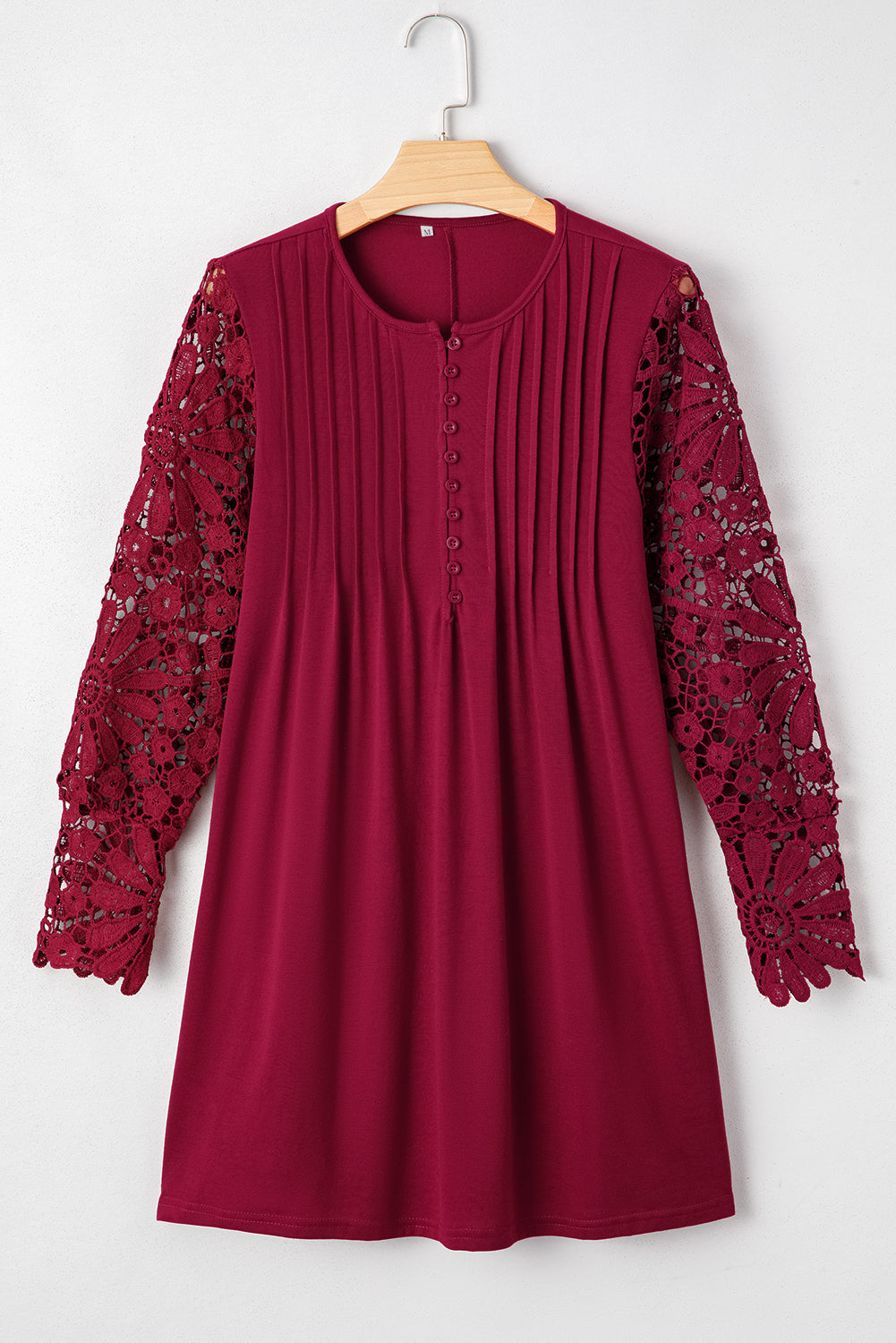 Burgundy Pleated Lace Sleeve Shift Mini Dress 38b7132a45aefa81