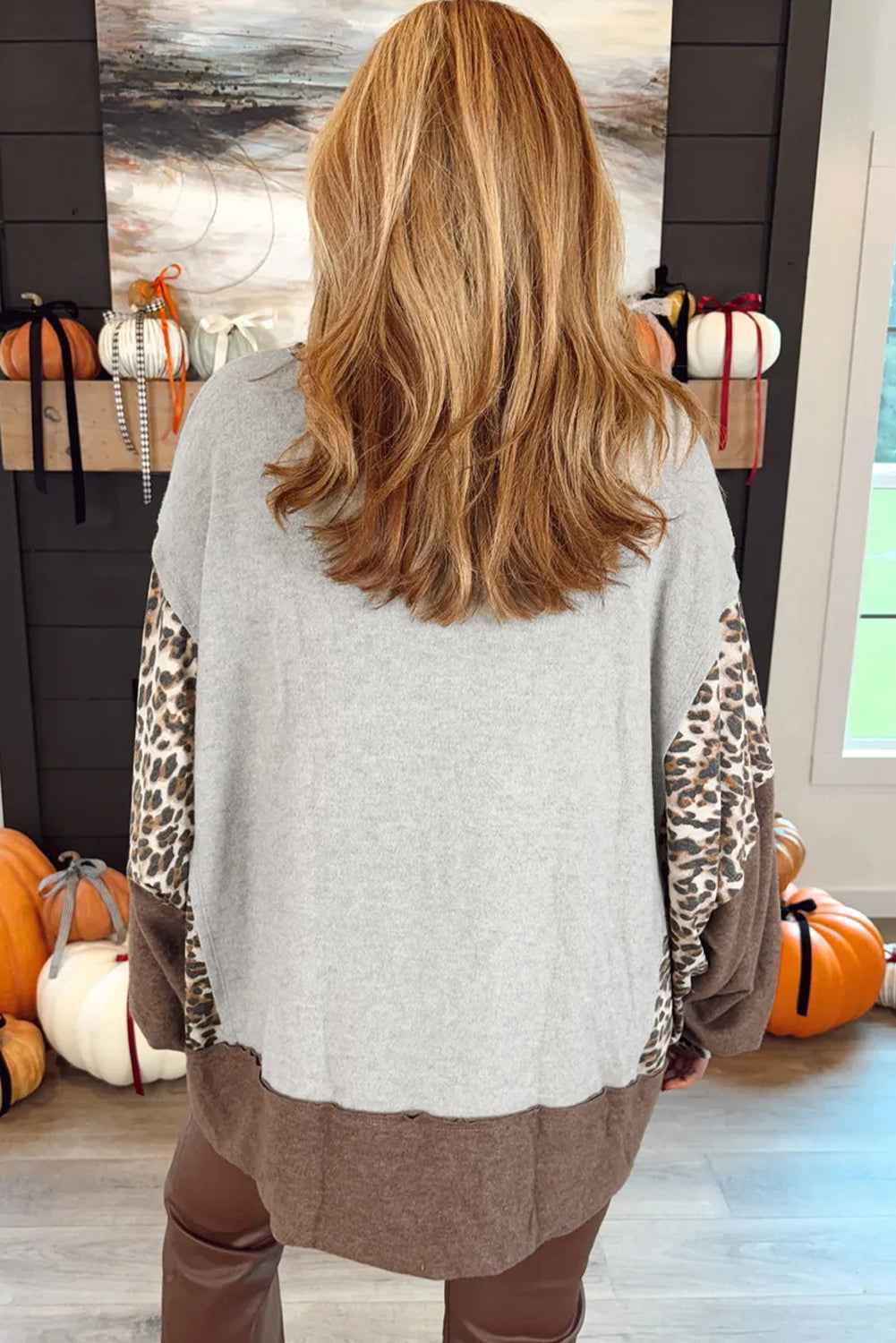 Gray Plus Size Leopard Patchwork Baggy Sweatshirt 38ba2c68aee543f8
