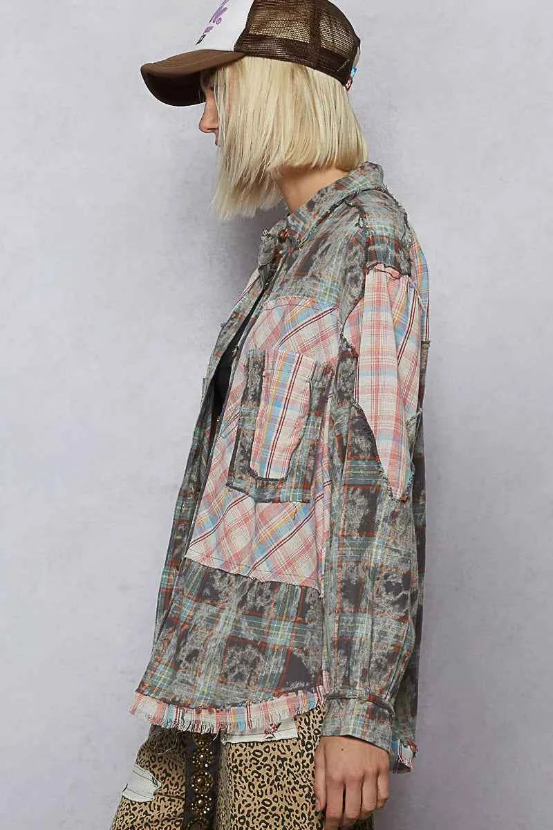 POL Plaid Patchwork Long Sleeve Shirt with Raw Edge Detail 38c30311-0c77-40ff-b622-6296993b8d21-Max-Origin