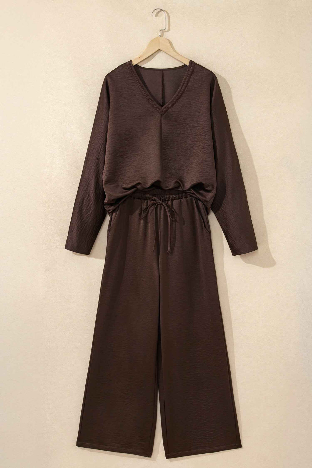 Dark Brown Braided V Neck Long Sleeve Loose Top and Drawstring High Waist Pants 2pcs Outfit 38c372abb33b751b