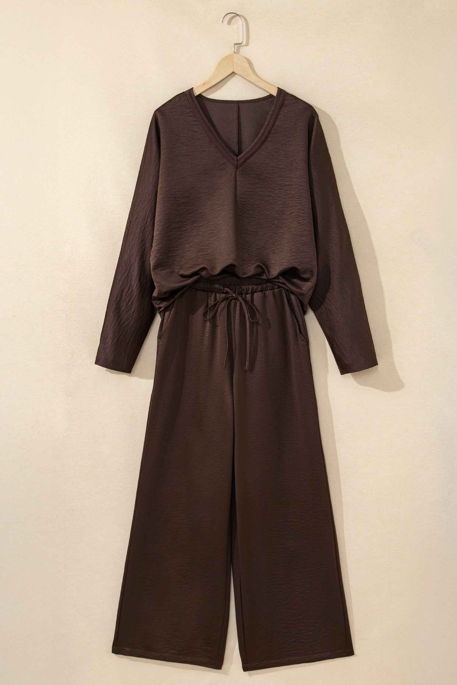 Dark Brown Braided V Neck Long Sleeve Loose Top and Drawstring High Waist Pants 2pcs Outfit 38c372abb33b751b
