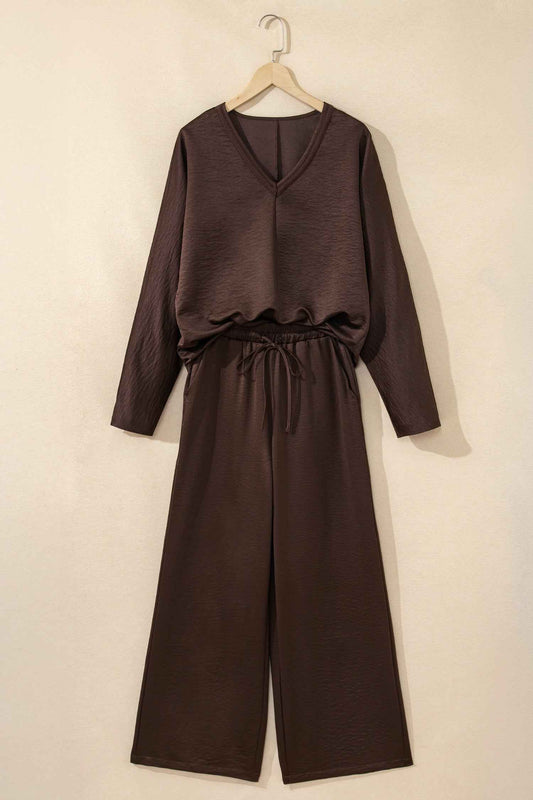 Dark Brown Braided V Neck Long Sleeve Loose Top and Drawstring High Waist Pants 2pcs Outfit 38c372abb33b751b