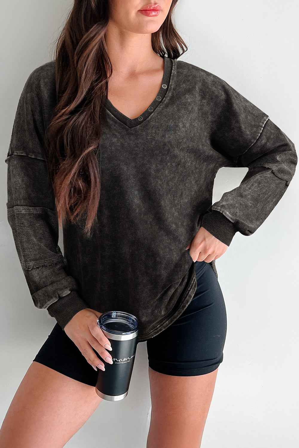 Mist Blue Mineral Wash Exposed Seam Buttoned V Neck Pullover Top Carbon Grey 85%Cotton+15%Polyester 38c4b90ce43e3c69