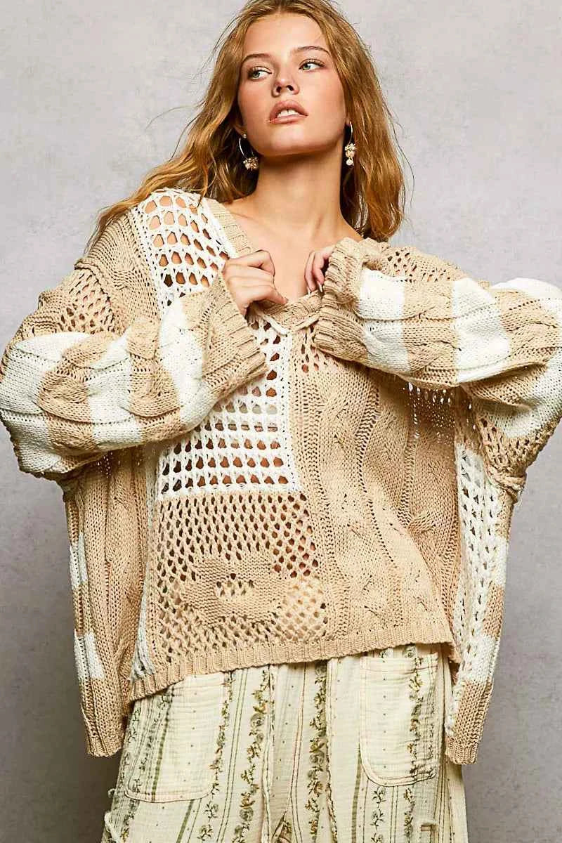 POL Color-Blocked Stripe Pattern Knit Top with Twisted Weave 38ca861b-0873-4e58-81ae-aee15f2c9dff-Max-Origin