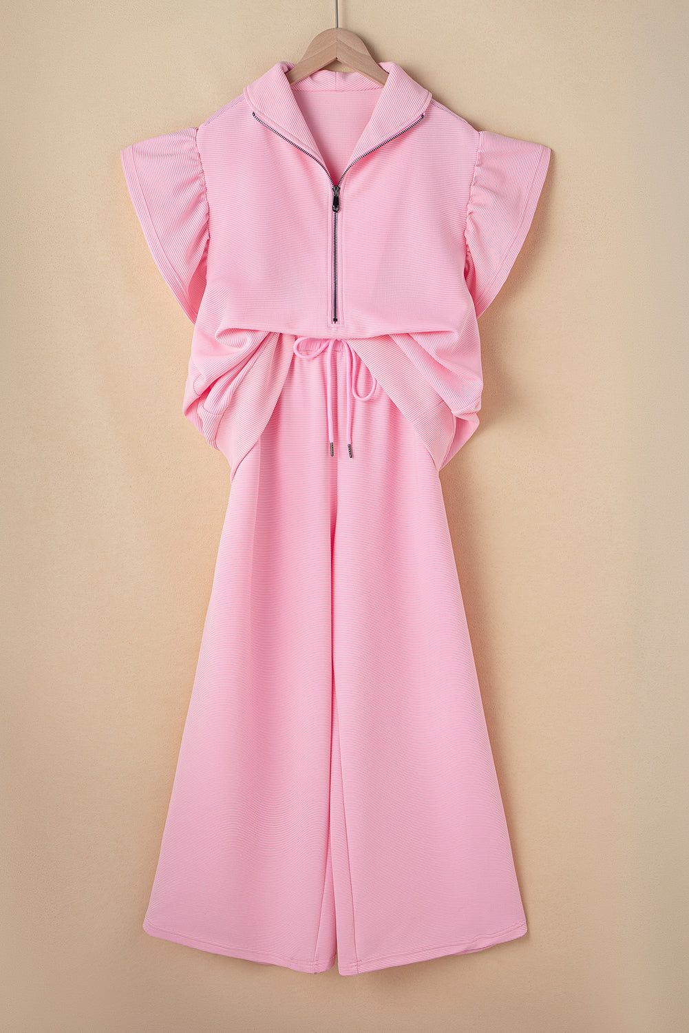 Pink Textured Ruffle Sleeve Zipped Top and Wide Leg Pants Set 38d035e19ecefc82