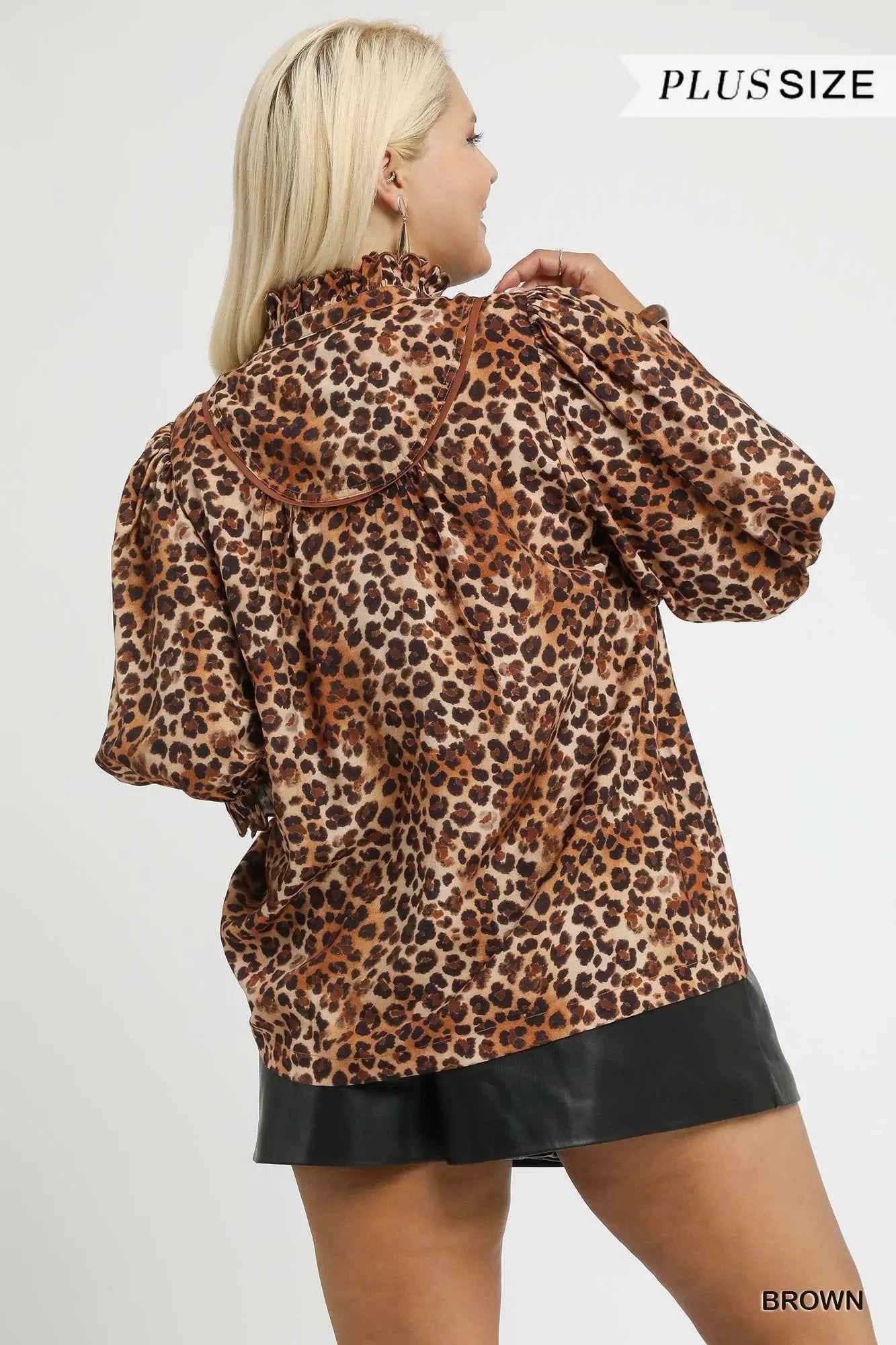 Umgee Full Size Leopard Print Ruffle Neck Blouse Plus Size 38d104db-b02a-4f4d-8311-9f9c84b8900b-Max-Origin