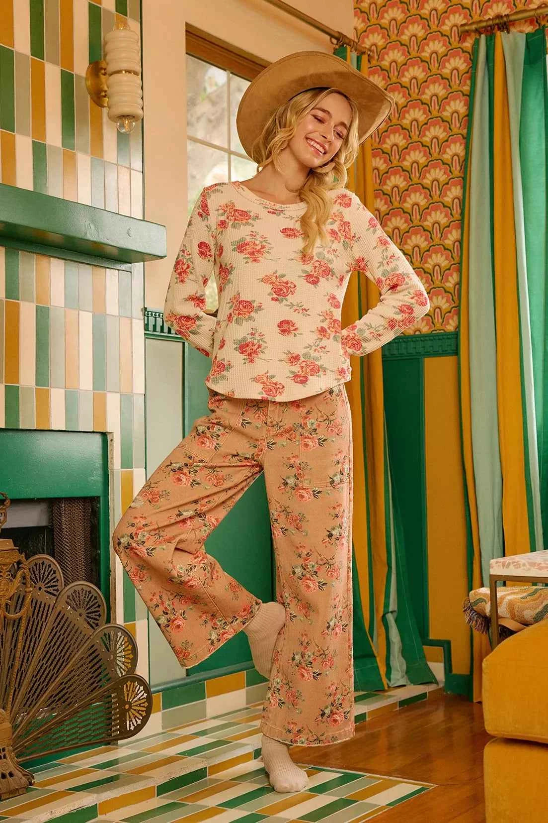 Floral Print Washed Waffle Thermal Top With Thumb 38d3c2605ff3471e927187bf929ae616-Max-Origin