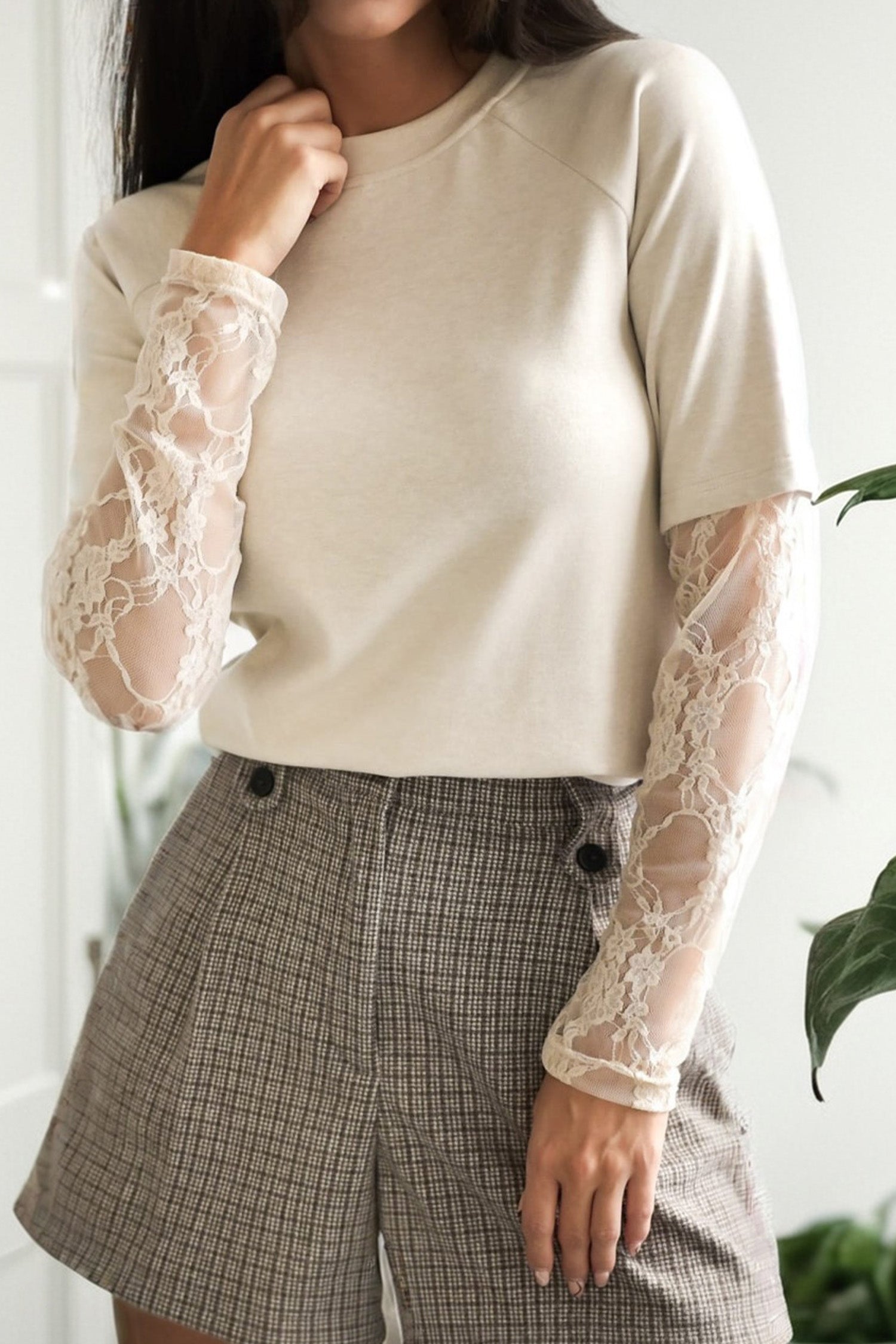 Jet Stream Solid Color Lace Patchwork Long Sleeve T Shirt Jet Stream 62%Polyester+32%Cotton+6%Elastane 38d3eeed015b0ae4