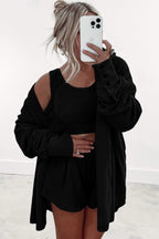 Black Shirred Hem Crop Tank Top Loose Shorts Cardigan 3 Piece Pajama Set 38d60b5767e1da53
