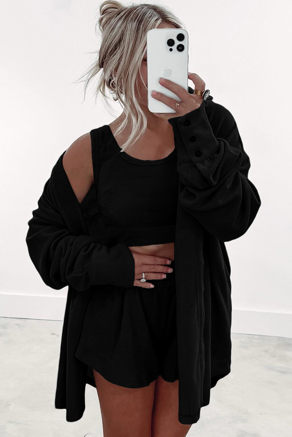 Black Shirred Hem Crop Tank Top Loose Shorts Cardigan 3 Piece Pajama Set 38d60b5767e1da53