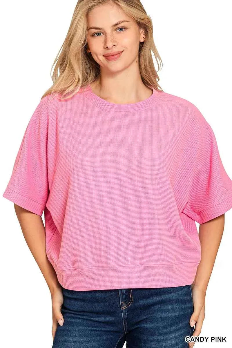 Zenana Double Knit Banded Bottom Short Sleeve Top CANDY PINK 38d90f1d5c1f43bb90e26d1abebdbdbc-Max-Origin