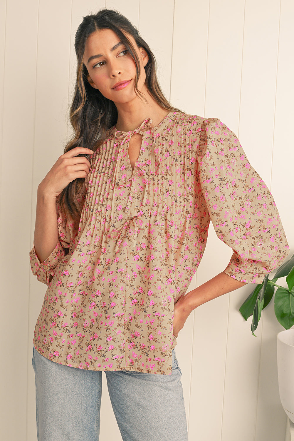 Light French Beige Ditsy Floral Print Bow Front Puff Sleeve Blouse 38e19d26f3e1a9c6