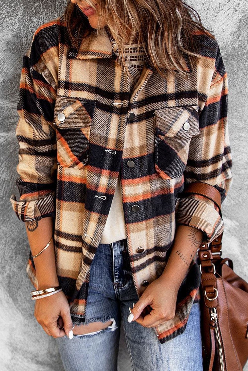 Red Plaid Button Front Pocket Shirt Shacket Orange 100%Polyester 38e3e61357ebb88f
