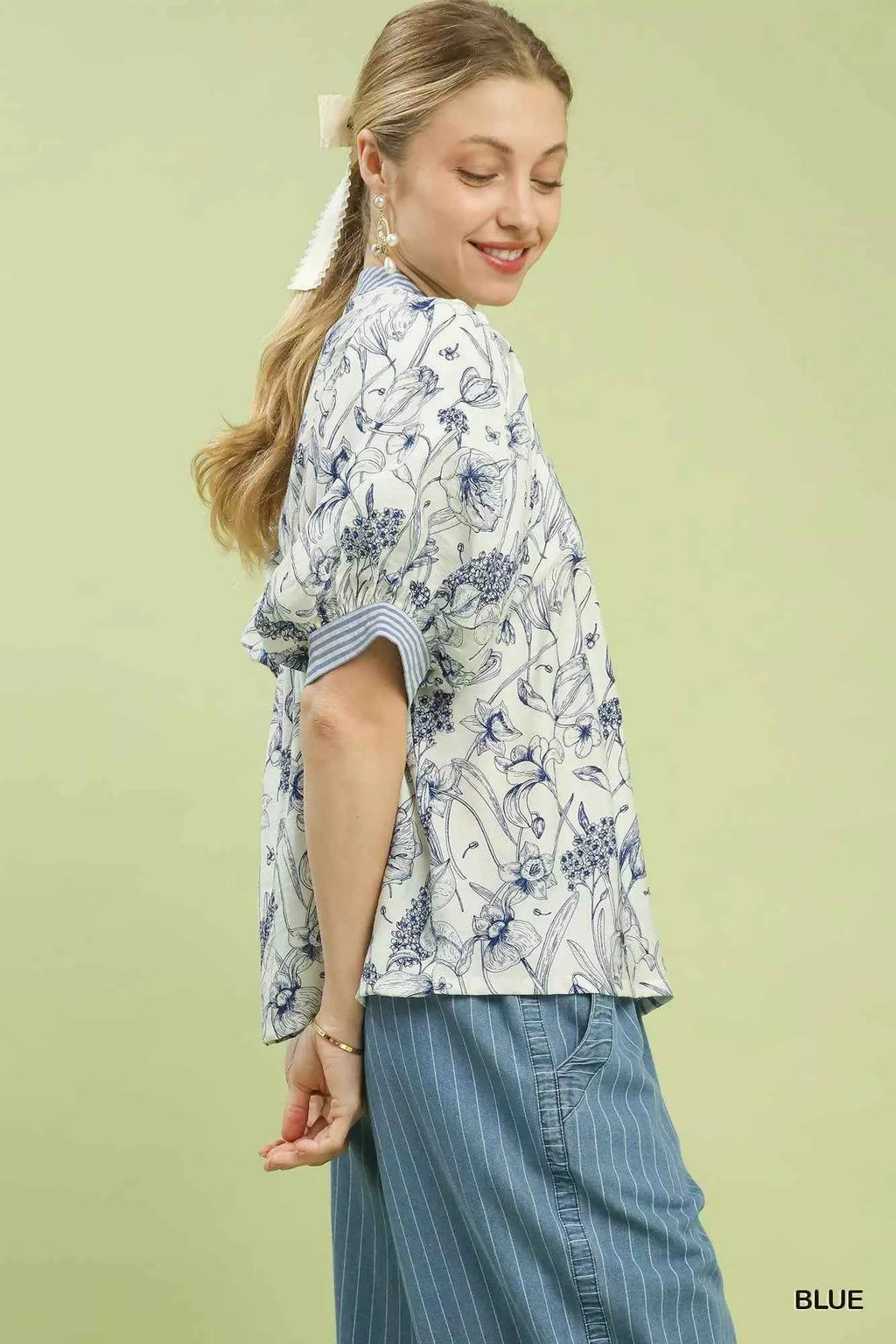 Umgee Mixed Print Puff Sleeve Split Neck Top 38e4d607-e743-49db-a556-ba46d6ef1ef0-Max-Origin