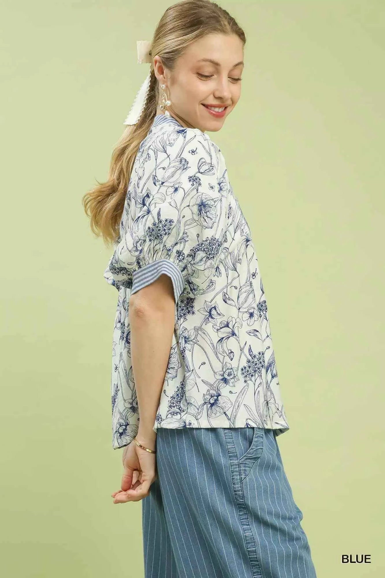 Umgee Mixed Print Puff Sleeve Split Neck Top 38e4d607-e743-49db-a556-ba46d6ef1ef0-Max-Origin