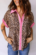 Leopard Print Contrasted Trim Animal Short Sleeve Shirt 38e540b757ed49c2