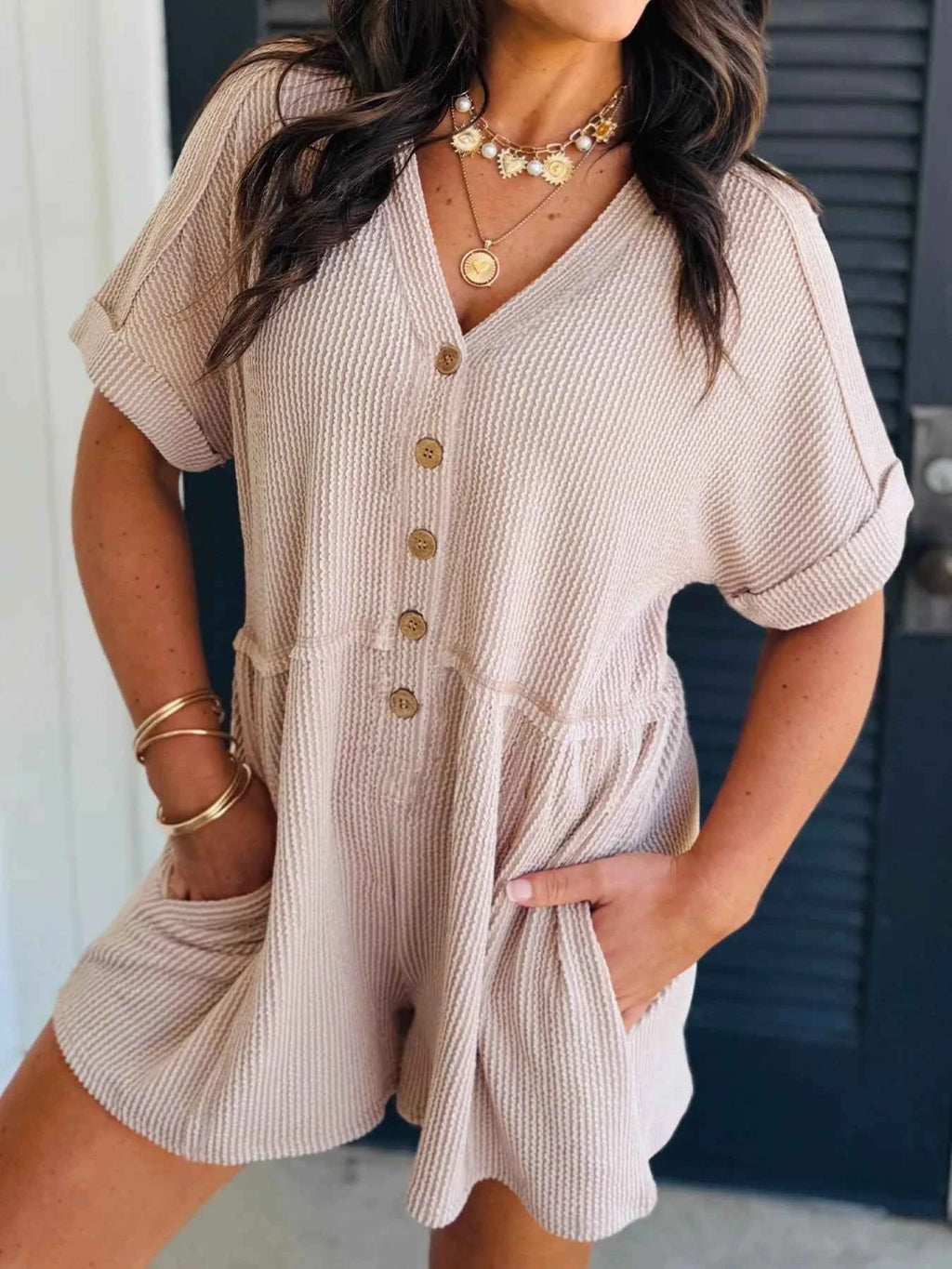 Casual Button-Front Ribbed Romper Beige 38e90db0-785c-4208-aae3-b363c08e2ef3-Max-Origin