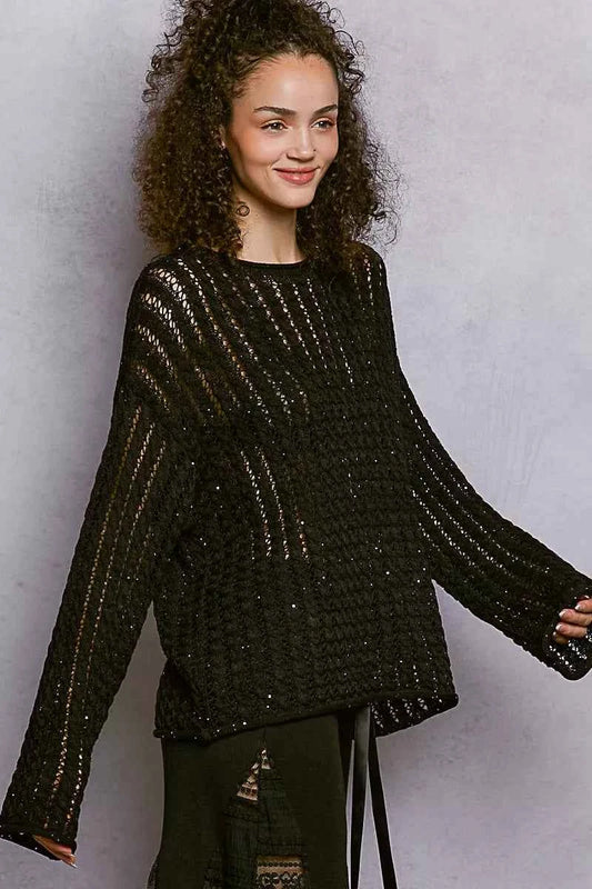 Openwork Round Neck Knit Top with Shiny Detail 38efaa44-9b6d-43b6-a293-da1a59a094c3-Max-Origin