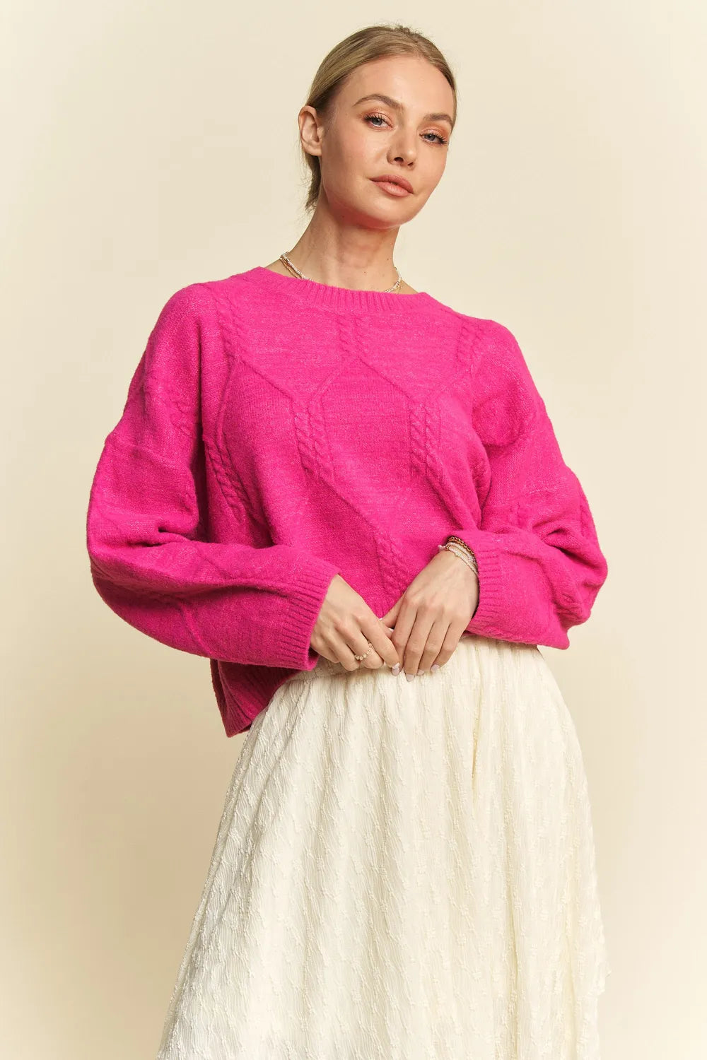 Davi & Dani Diamond Cable Pattern Drop Shoulder Sweater 38f01c8c-416d-4edf-96ef-a0f2db8feb25-Max