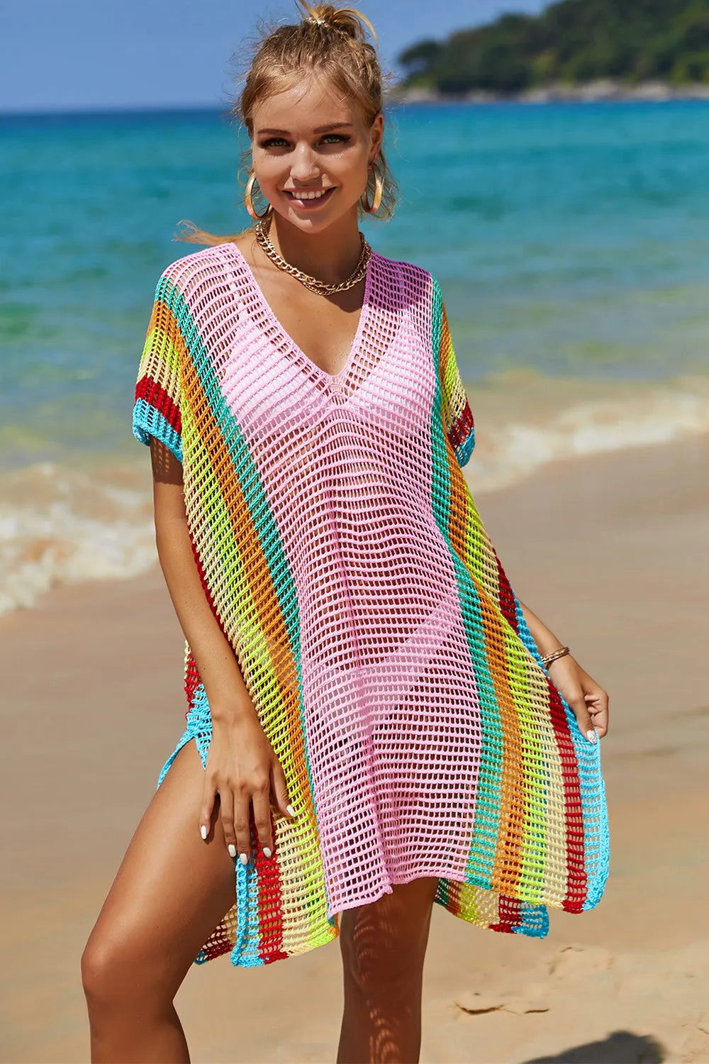 Angel Wings Openwork Striped Slit Knit Cover Up Blush Pink One Size 38f3c7bc-565b-4c01-8fc1-6b26ba20a53c-Max