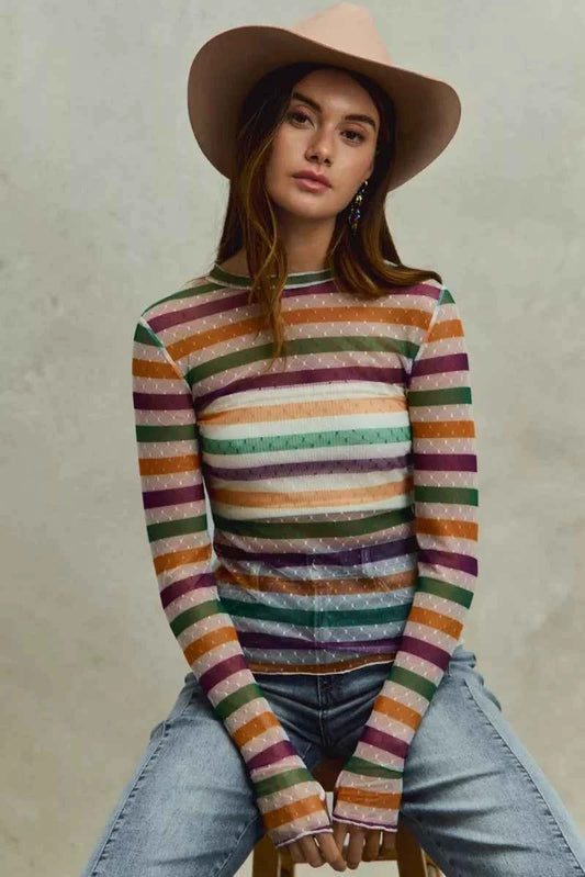 Mardi Gras Color Stripe Stretch Mesh Top 38f8f064926345589791075352041bd2-Max-Origin